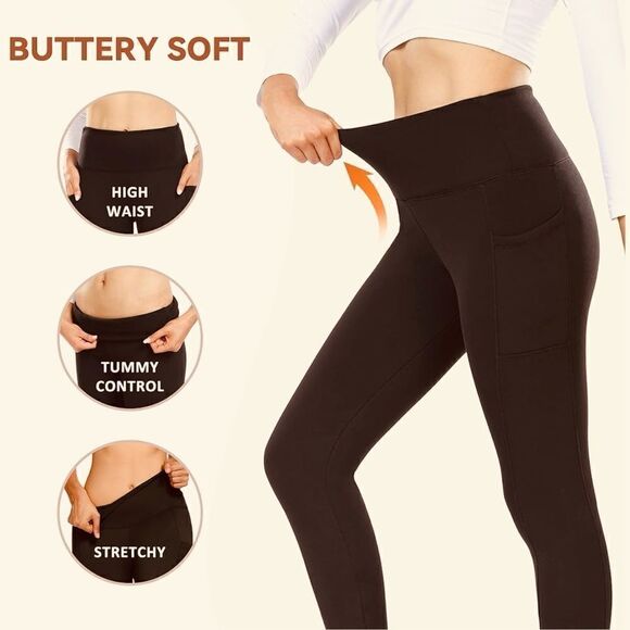 Gayhay Buttery Soft High Waist Leg Pocket Fleece Lined Leggings Brown - Picture 7 of 16